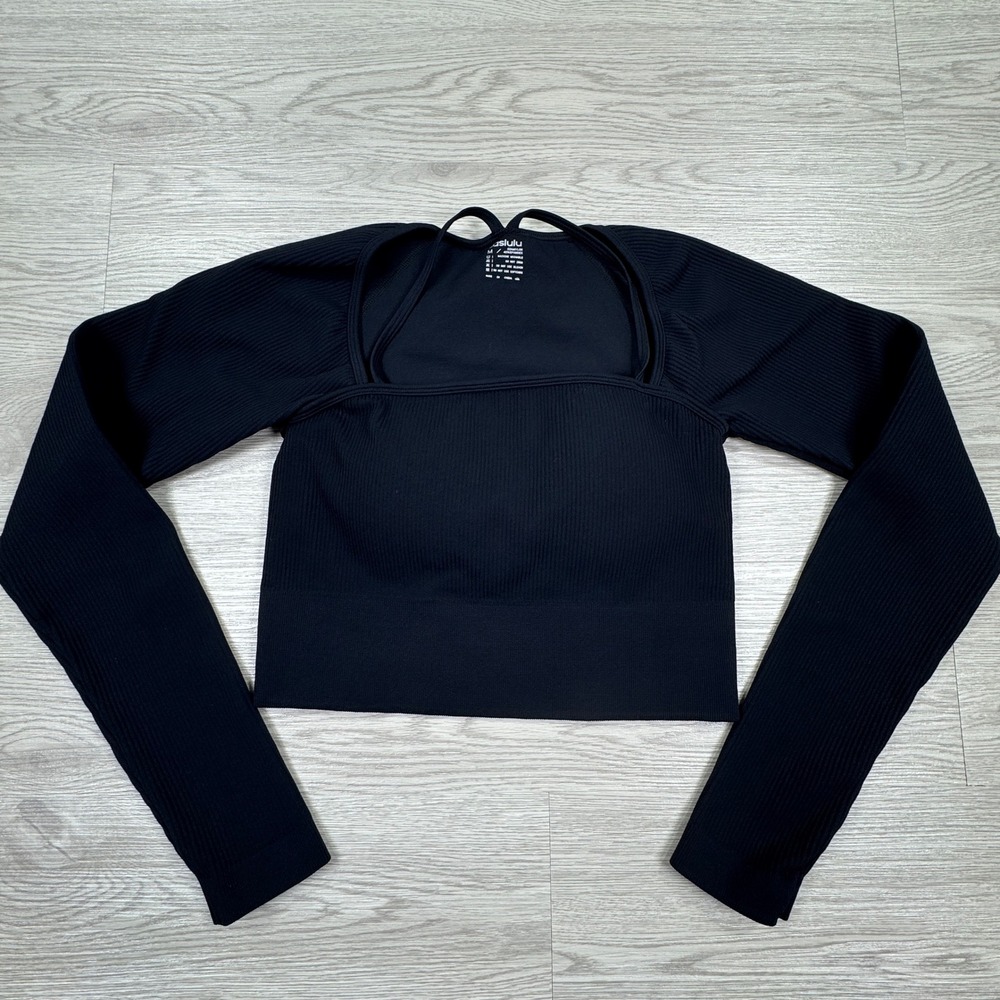 Laslulu Women's Top Ribbed Long Sleeve Crop Square Neck Black Medium Activewear